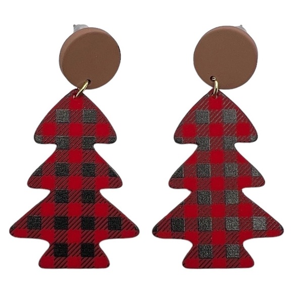 Buffalo Plaid Red & Black Christmas Tree Festive Dangle Earrings - Picture 1 of 5